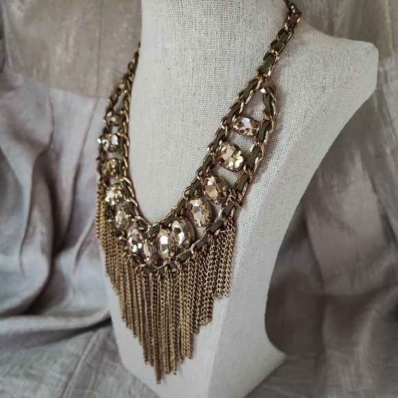 ALDO Brand Antique Brass Chain Topaz Faceted Oval Stones Olive Suede Necklace - Picture 3 of 9